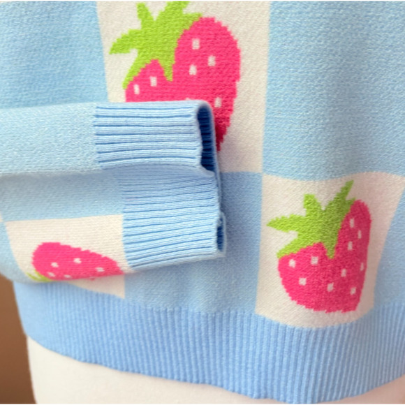 Luna Ivy Strawberry Checkerboard Knit Sweater Blue Pink Y2K Kawaii Pastel S - Picture 3 of 11